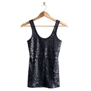 Express Women Sequin Tank Top Sleeveless Stretch Scoop Neck Pullover Black Small